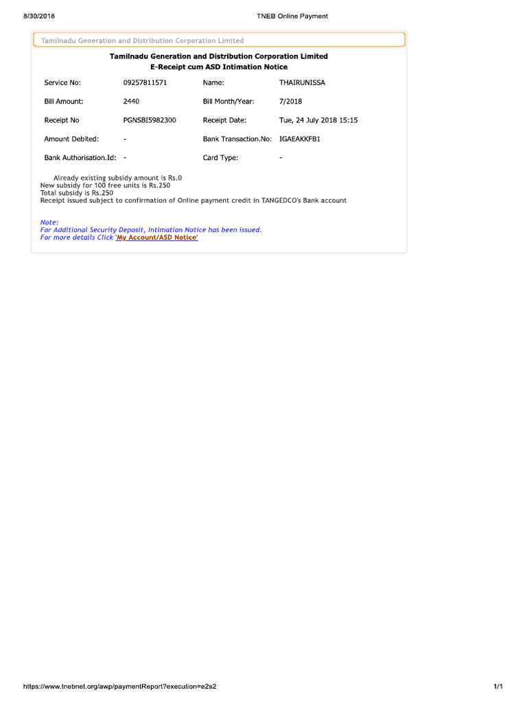 TNEB Online Payment Receipt | PDF