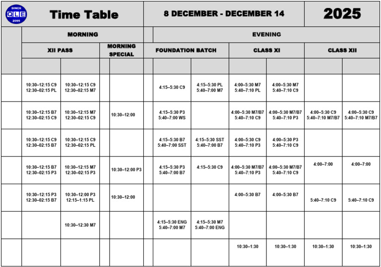 Batch Time Table - 08 - 14 Dec 2025 | PDF