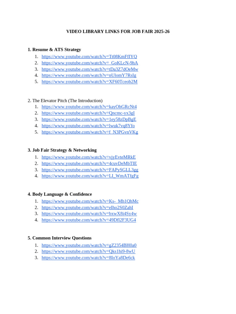 Video Library Links For Job Fair 2025-26 | PDF