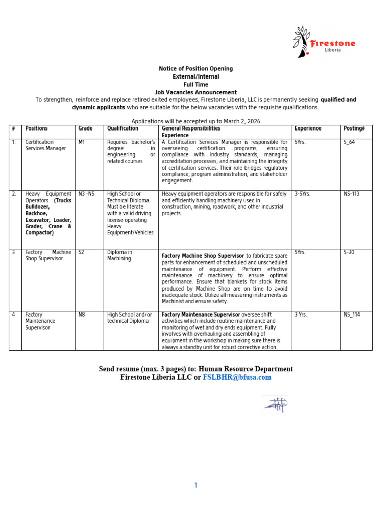 Firestone Liberia - General Job Advert - Q1 26 | PDF | Heavy Equipment