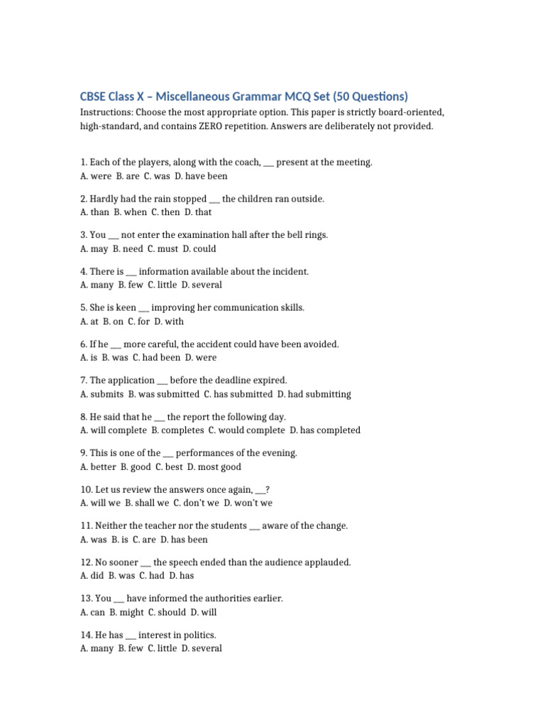 CBSE Class X Grammar 50 MCQ Zero Repeat-1 | PDF | Multiple Choice