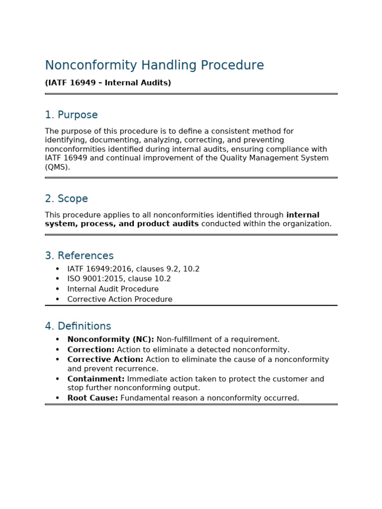 Nonconformity Handling Procedure - Iatf 16949 (Internal Audit) | PDF ...