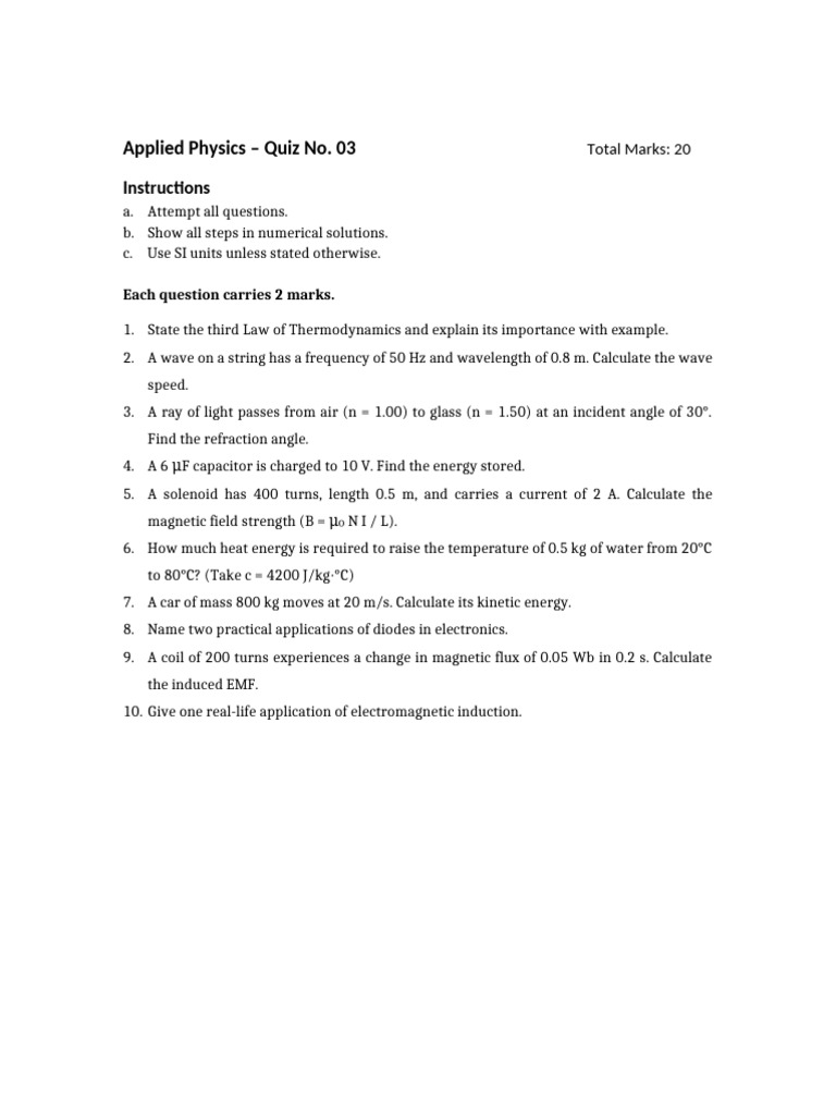 Applied Physics Quiz 03 | PDF