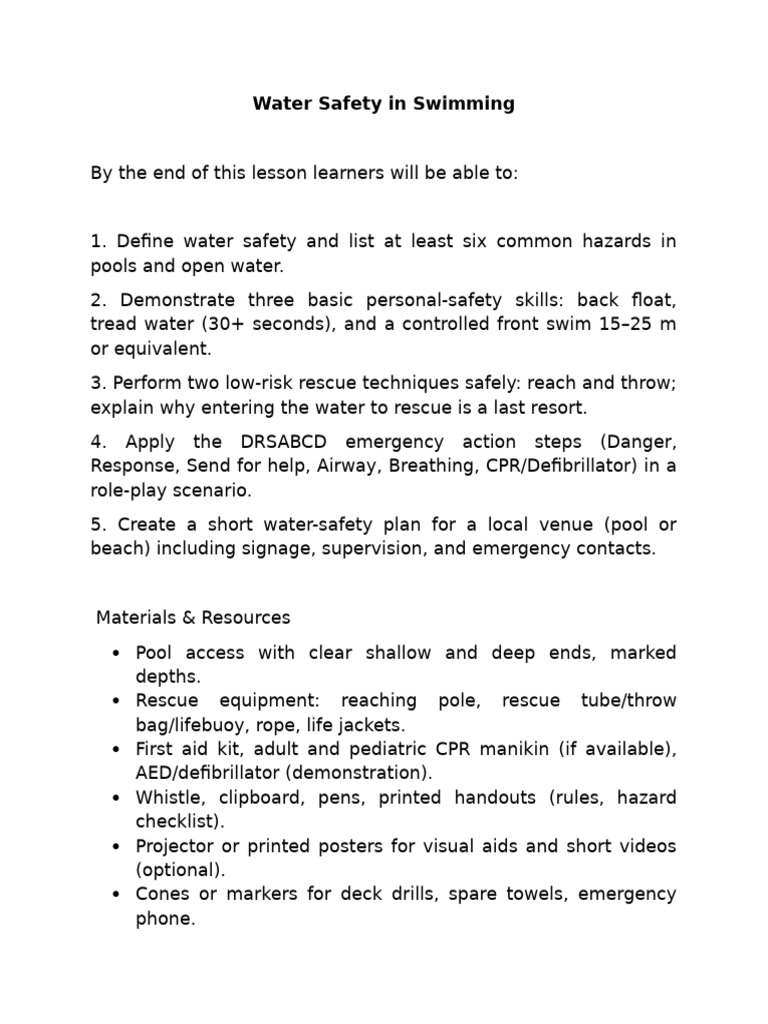 Water Safety in Swimming | PDF | Cardiopulmonary Resuscitation | Swimming