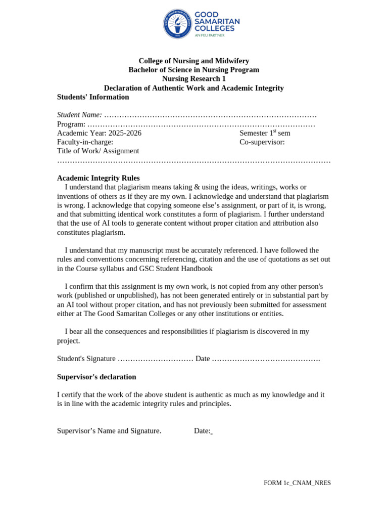 Form 1c Declaration of Aunthentic Work | PDF