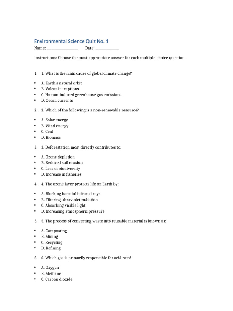 Environmental Science Quiz 1 | PDF | Greenhouse Gas | Soil