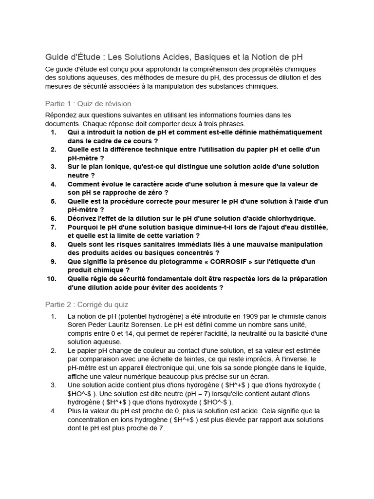 Guide D'étude - Les Solutions Acides, Basiques Et La Notion de PH | PDF ...