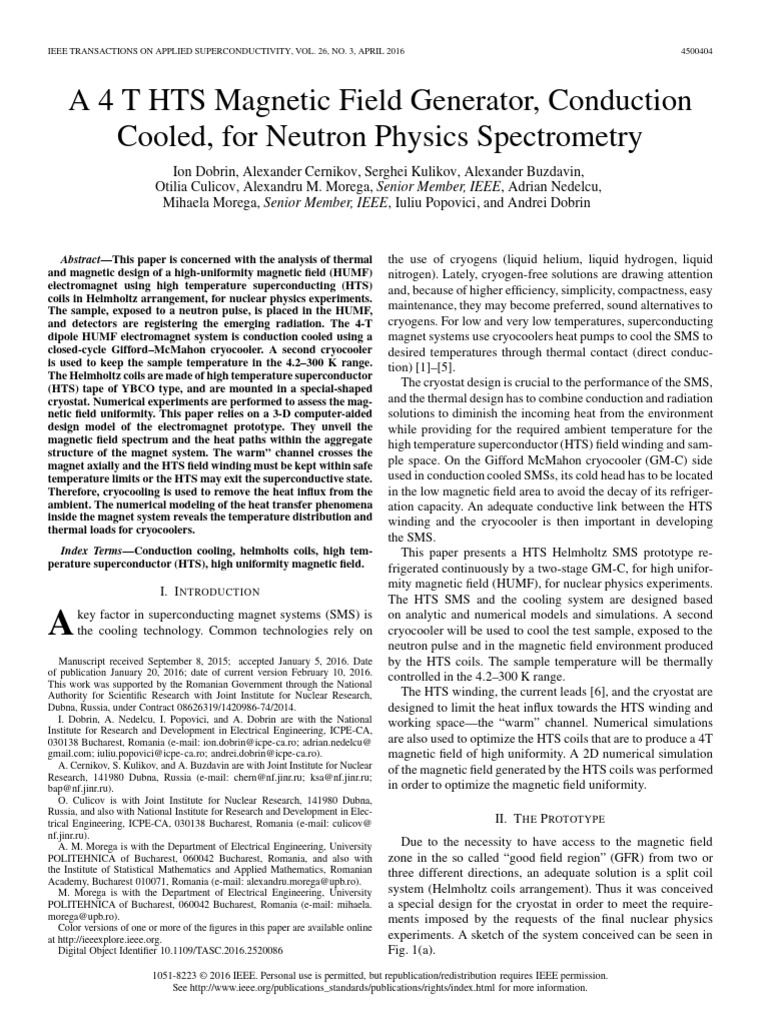 A 4 T HTS Magnetic Field Generator Conduction Cooled For Neutron ...
