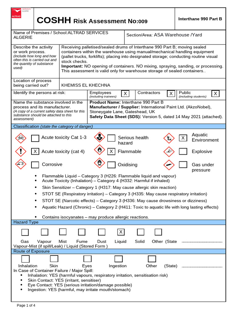 Coshh Blank Risk Assessment - Msds Interthane 990 Part B | PDF ...