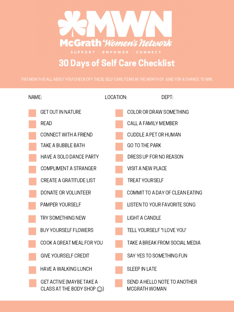 30 Days of Self Care Checklist | PDF