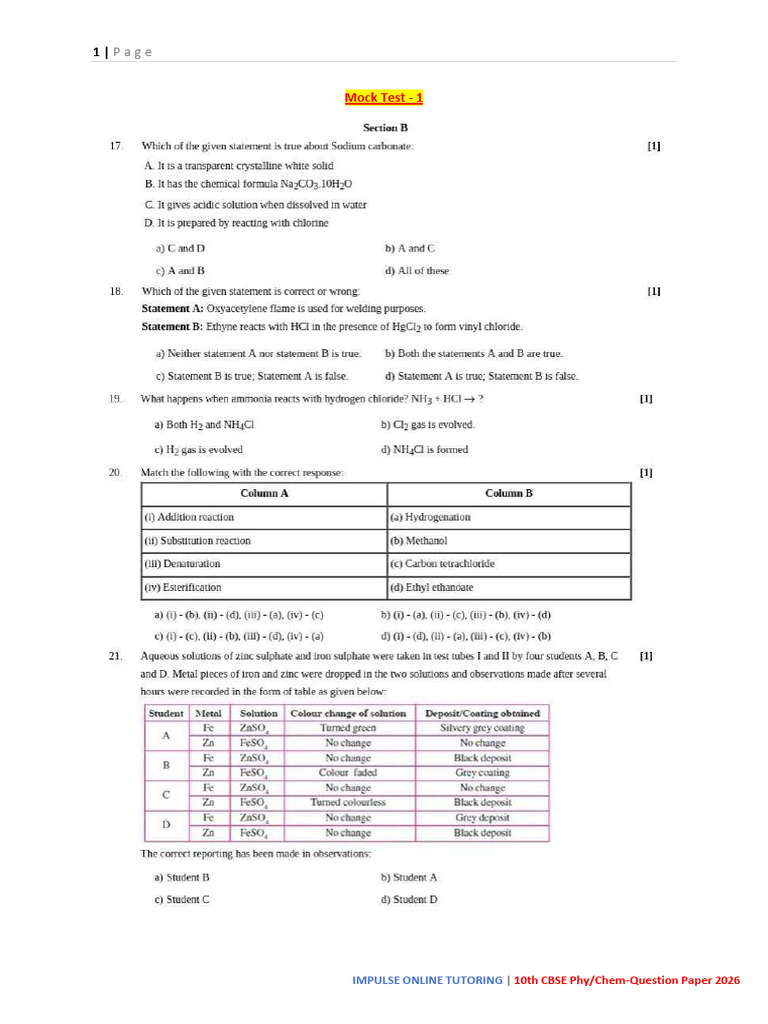 Mock Test 1 Science 2026 | PDF