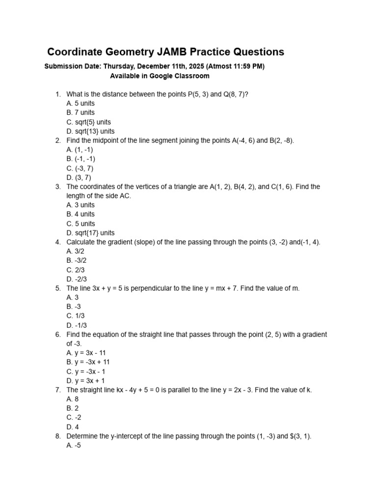 Coordinate Geometry JAMB Practice Questions | PDF | Line (Geometry ...