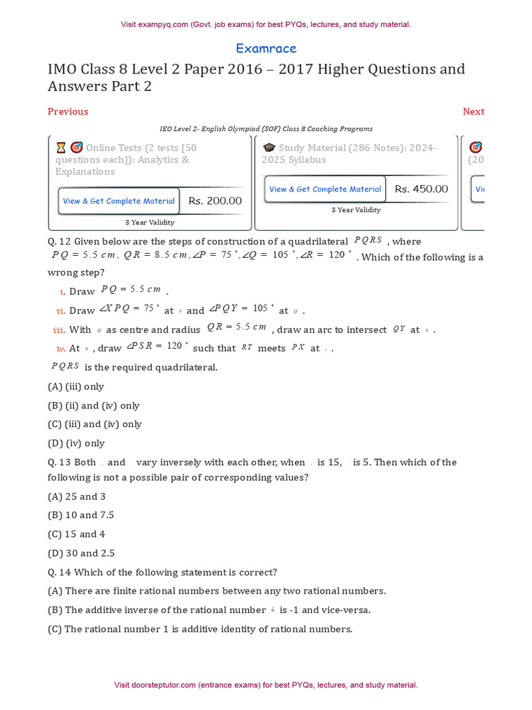 IMO Class 8 Level 2 Paper 2016 17 Part 2 | PDF | Subtraction | Rational ...