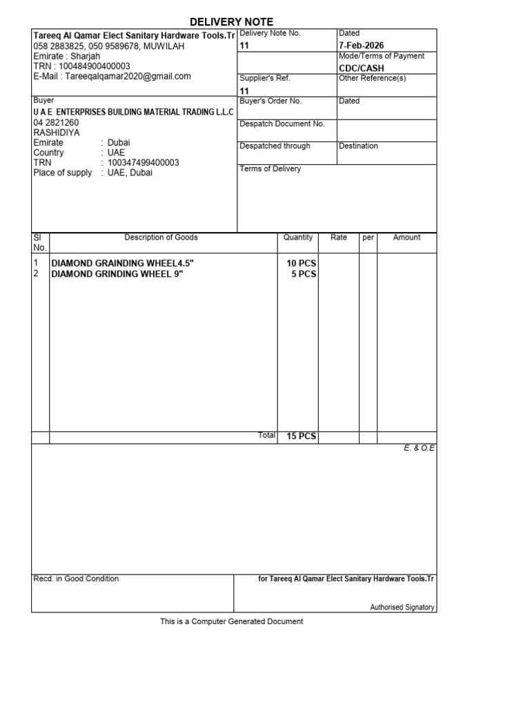 Uae7226 Delivery Note | PDF