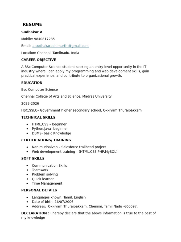 Sudhakar Resume | PDF