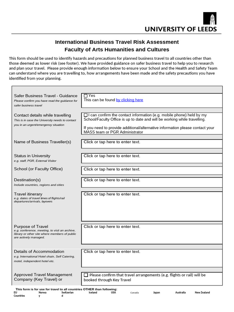 TEMPLATE Travel Risk Assessment - Higher Risk International FORM ...
