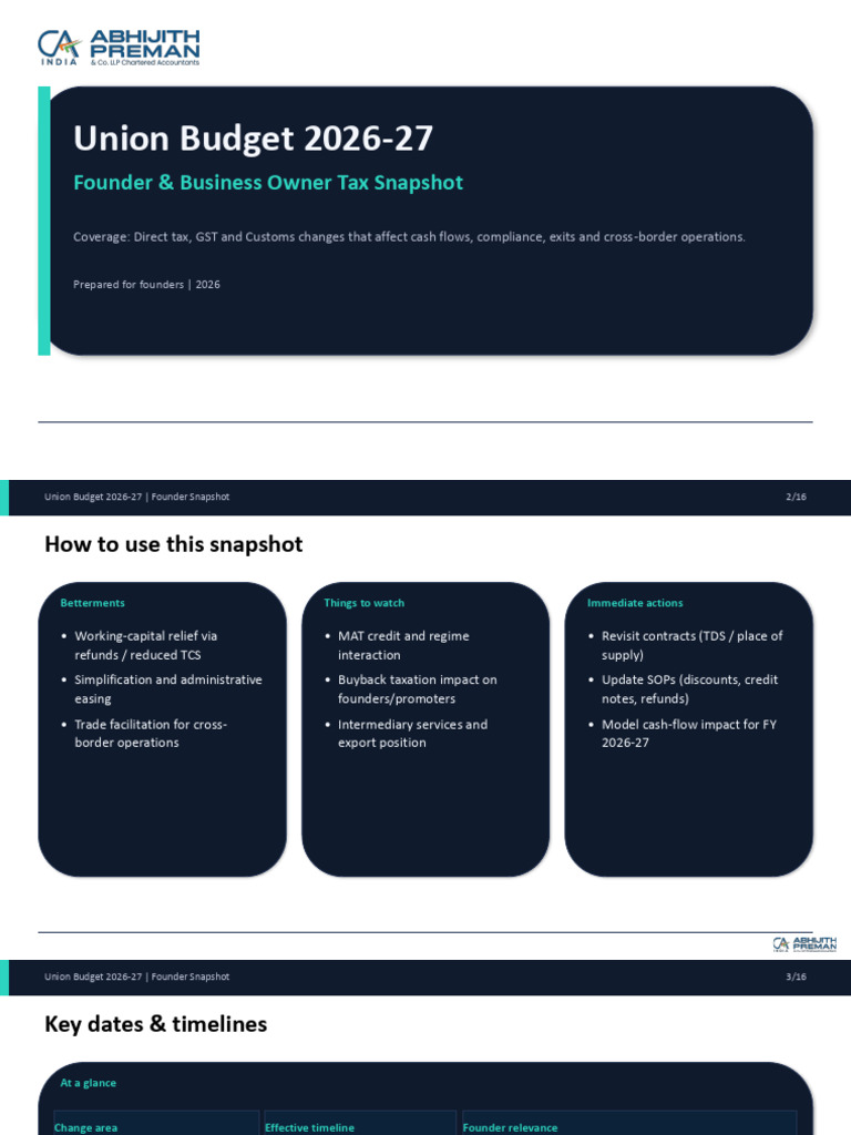 Union Budget 2026 27 Snapshot For Founders 1770013430 | PDF | Taxes ...