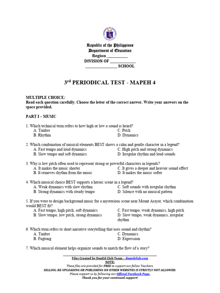 3rd Periodical Test in MAPEH Grade 4 | PDF | Healthy Diet | Foods