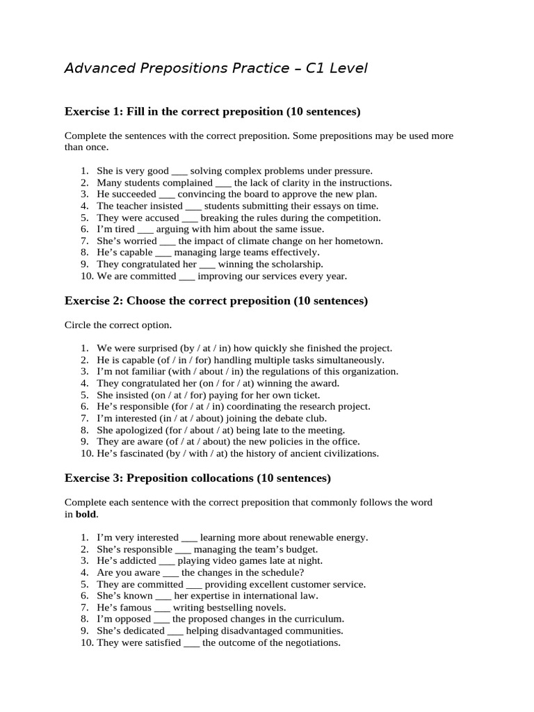 Advanced Prepositions Practice | PDF