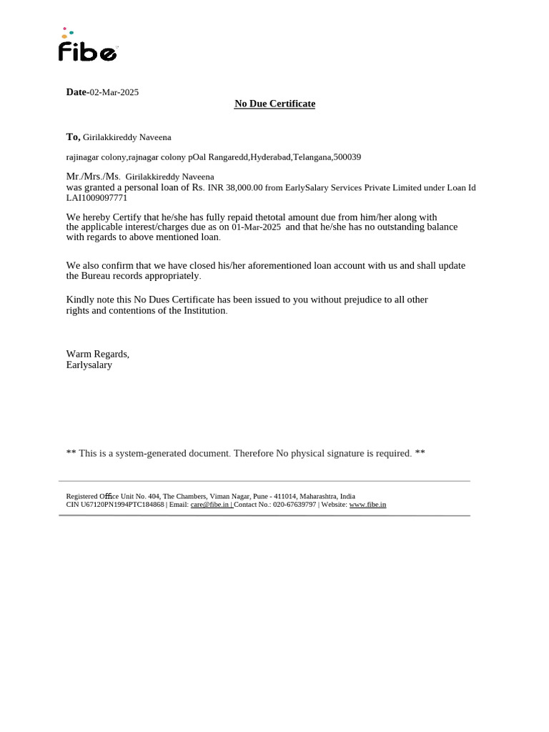 Date-No Due Certificate: This Is A System-Generated Document. Therefore ...