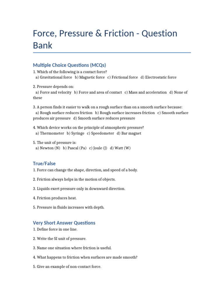 Force Pressure Friction Question Bank With Numericals | PDF | Force ...