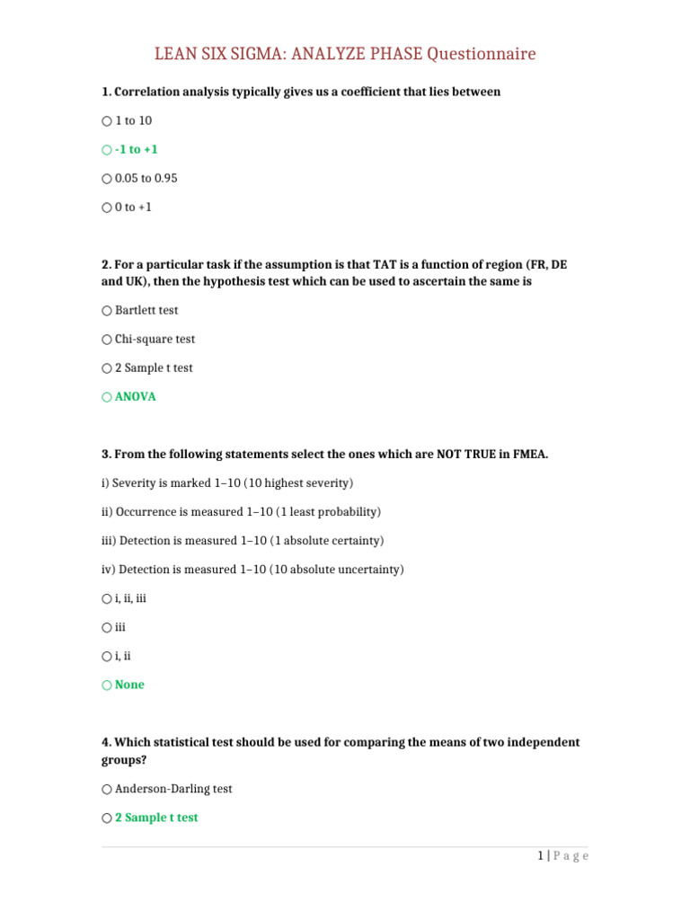 3.lean Six Sigma - Analyze Phase - Questionnaire | PDF | Student's T ...