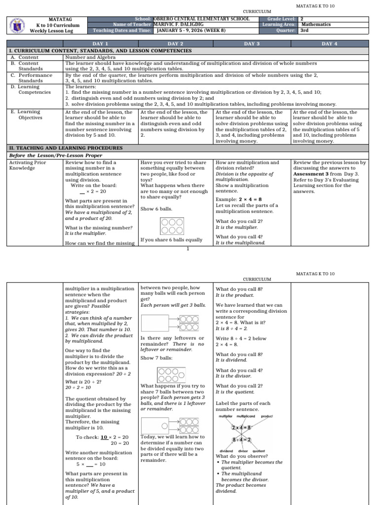 DLL Matatag - Mathematics 2 - Q3 - W8 | PDF | Division (Mathematics ...