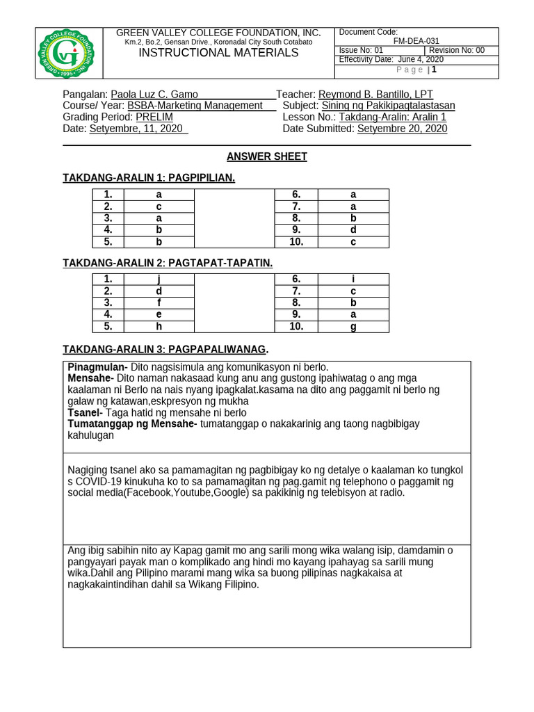 Filipino Takdang Aralin Answer Sheet | PDF