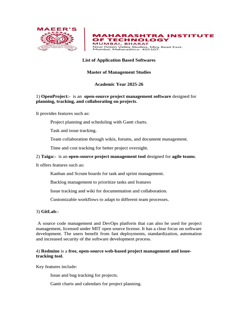 List of Application Based Open Source Softwares For Management | PDF ...
