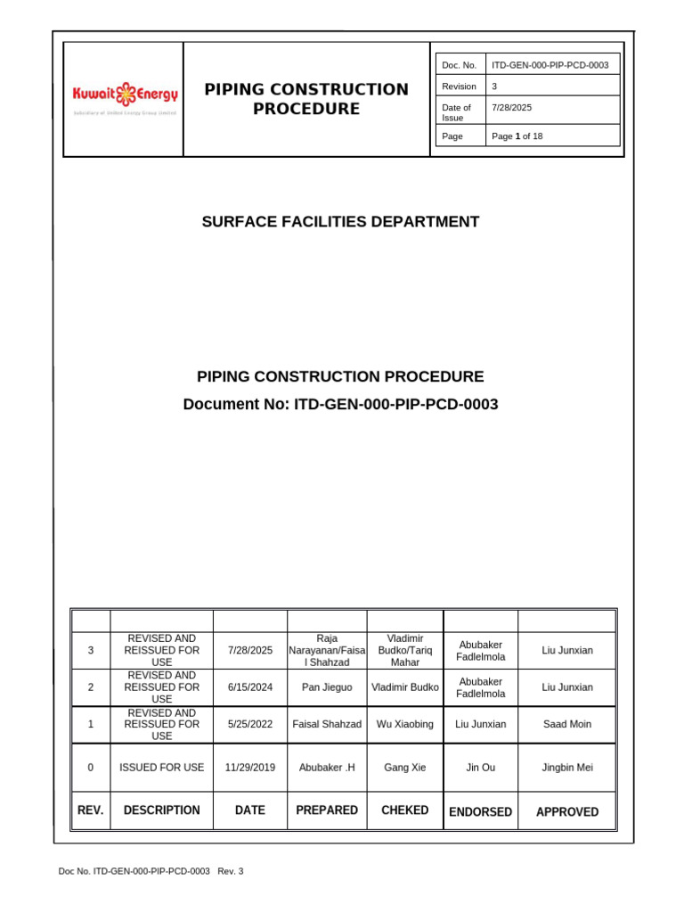 Itd Gen 000 Pip PCD 0003 - Piping Construction Procedure - Rev. 3 | PDF ...
