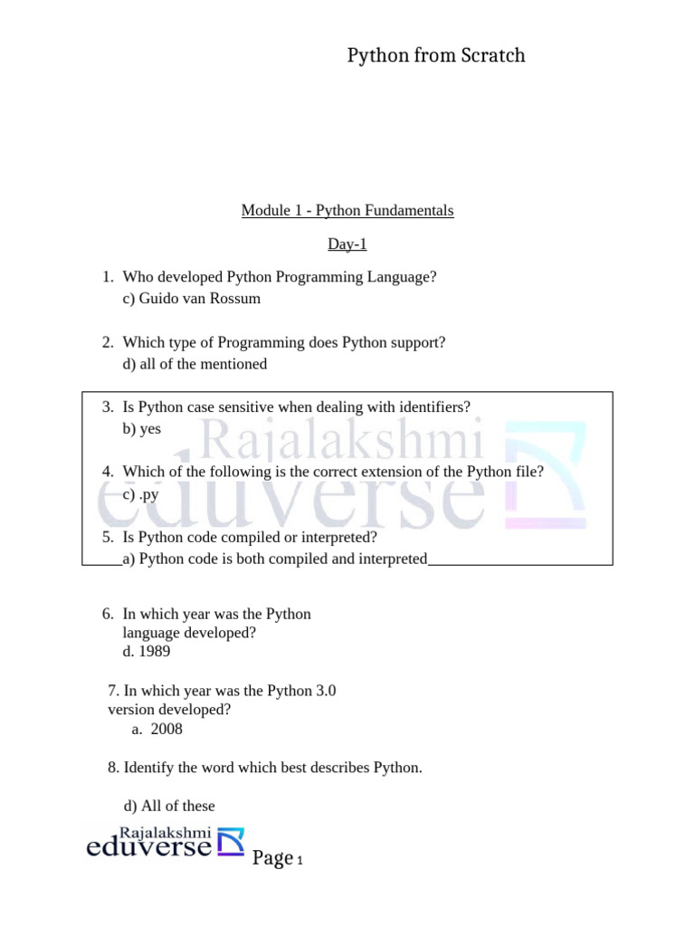 Python From Scratch MCQ 1 | PDF | Python (Programming Language ...