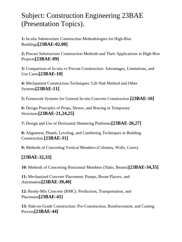 Construction Engineering (Presentation Topics 23BAE) | PDF