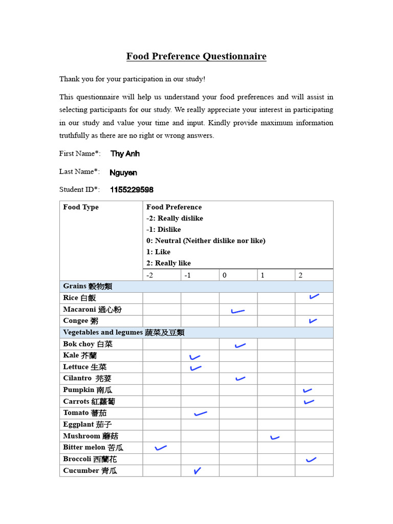 Questionnaire For Food Preference Selection | PDF