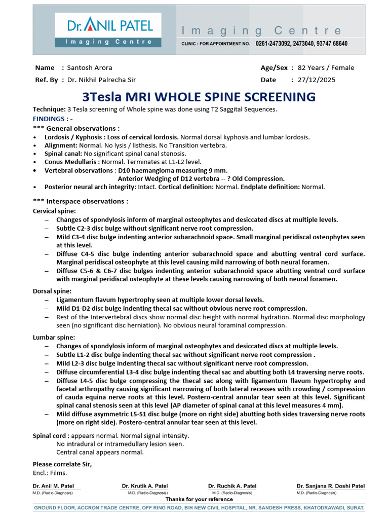 MRI WHOLE SPINE SCREENING - Santosh Arora - 27-12-2025 - 2 | PDF ...
