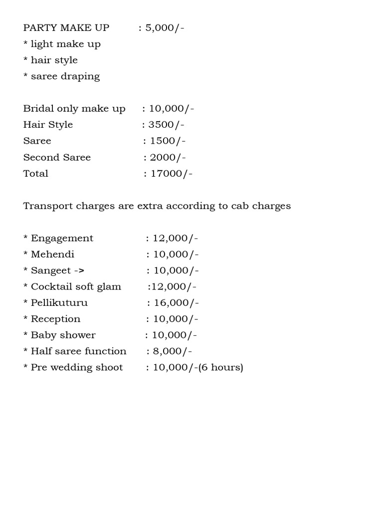 Party Make Up Rate Card | PDF