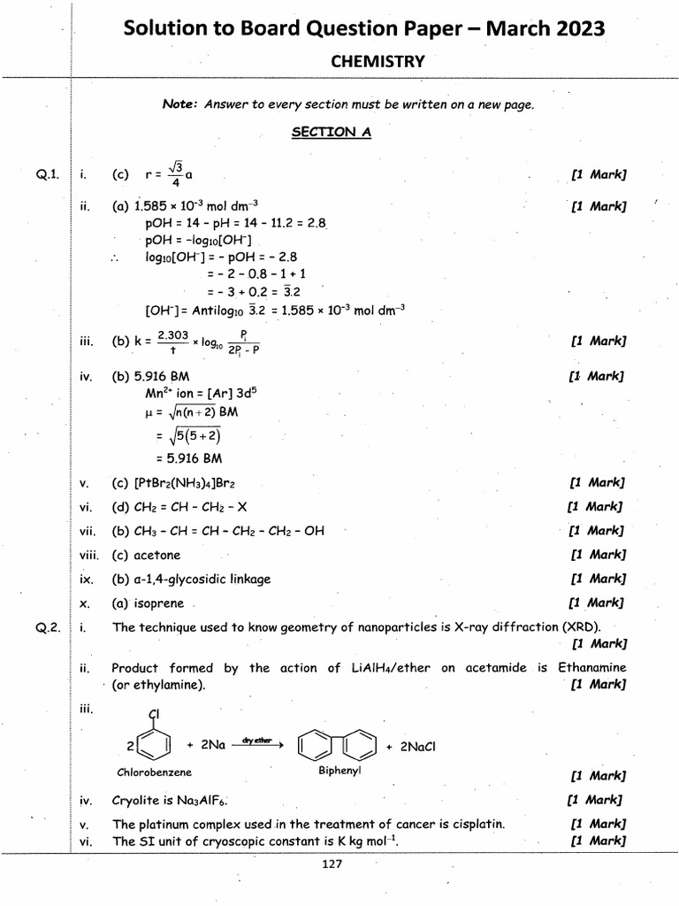 Board Question Paper March 2023 Sol CHEMISTRY | PDF | Coordination ...