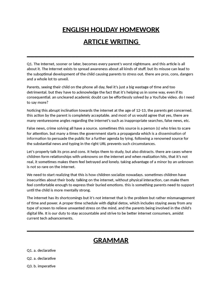 Aaradhya English Holiday Homework | PDF