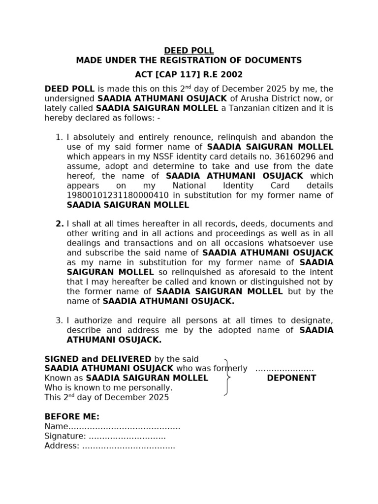 Deed Poll Saadia | PDF
