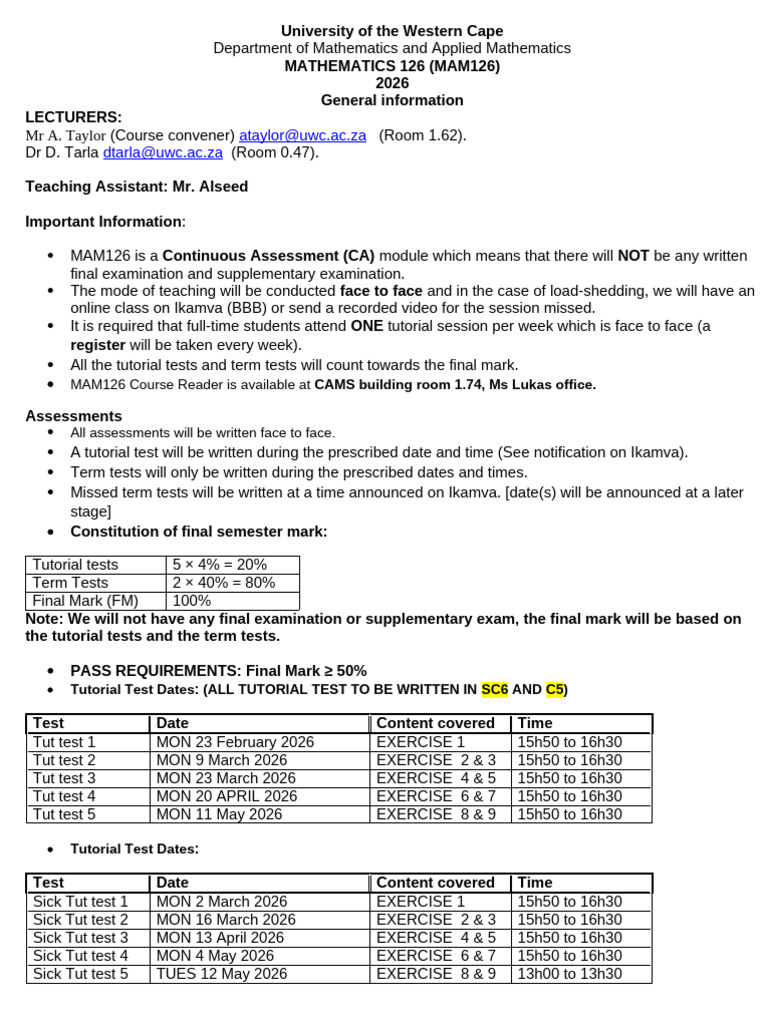 General Information and Course Outline 2026 MAM126 | PDF | Derivative ...