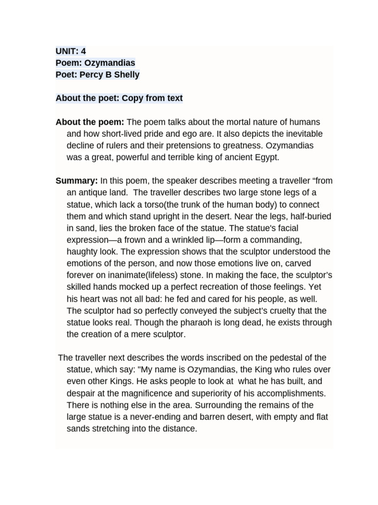 Sem4 Unit4 Summaries (Poem, Prose & Additional Reading) | PDF