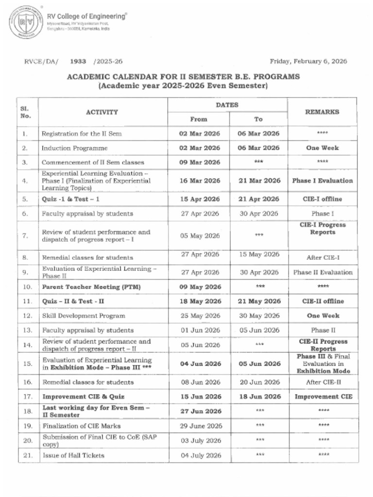 Academic Calendar For II Semester BE Programs Even Sem AYC 06-02-2026 | PDF