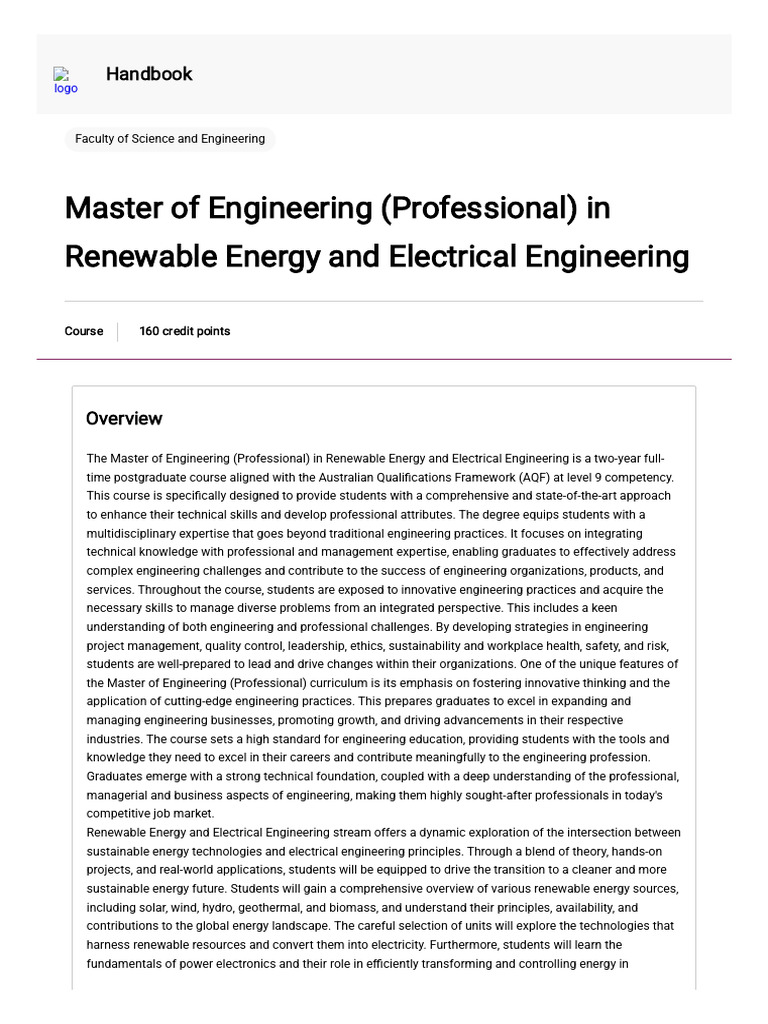 Master of Engineering (Professional) in Renewable Energy and Electrical ...