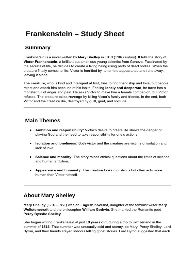 Frankenstein - Study Sheet | PDF | Frankenstein | Mary Shelley