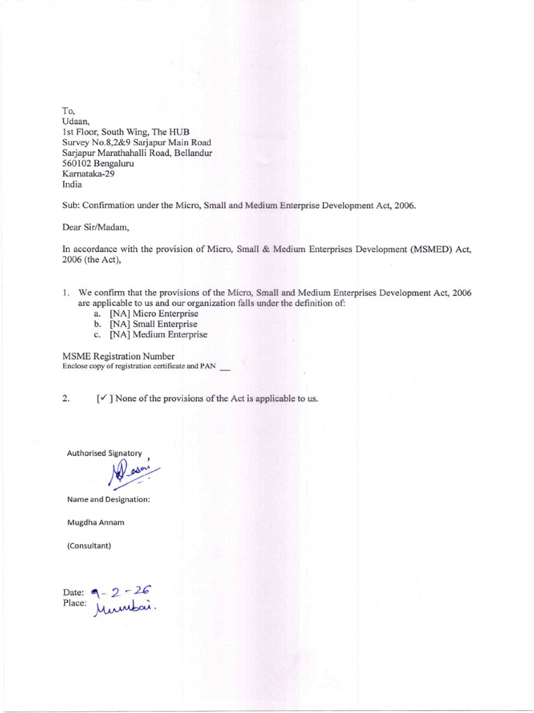 MSMED Declaration Format | PDF