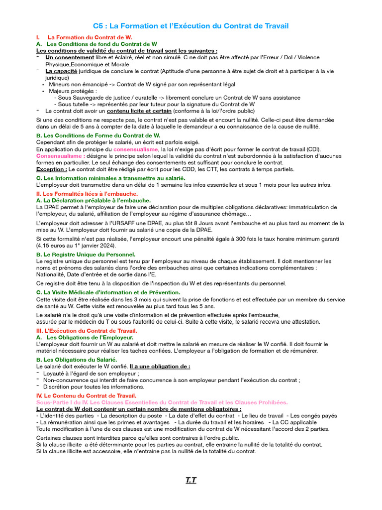 DCG Ue3 Droit Social Fiche de Revision La Formation Et L'execution Du ...