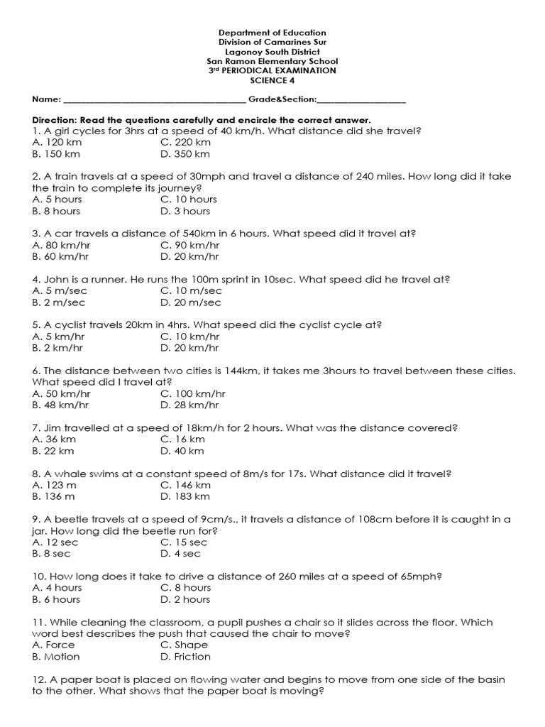 3rd Quarter Exam Science | PDF | Force | Speed