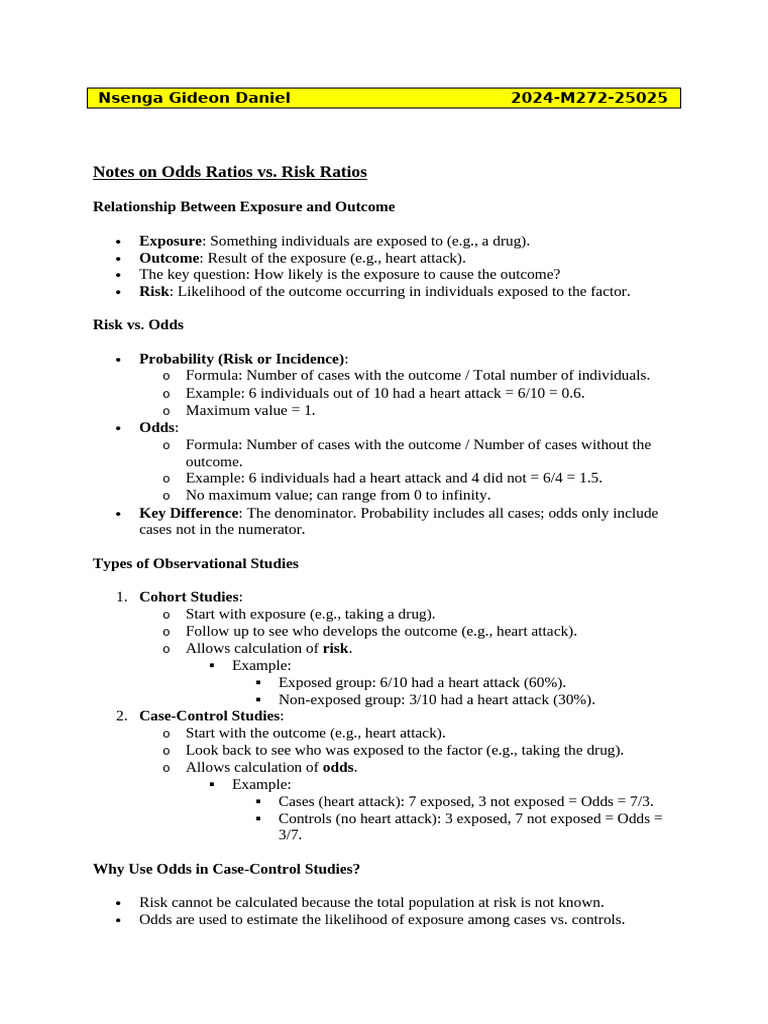 Notes On Odds Ratios Vs Risk Ratio | PDF | Odds Ratio | Odds