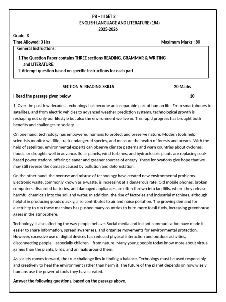 X Class English QP PB 3 Set 3 (2025-26) | PDF | Water | Water Scarcity