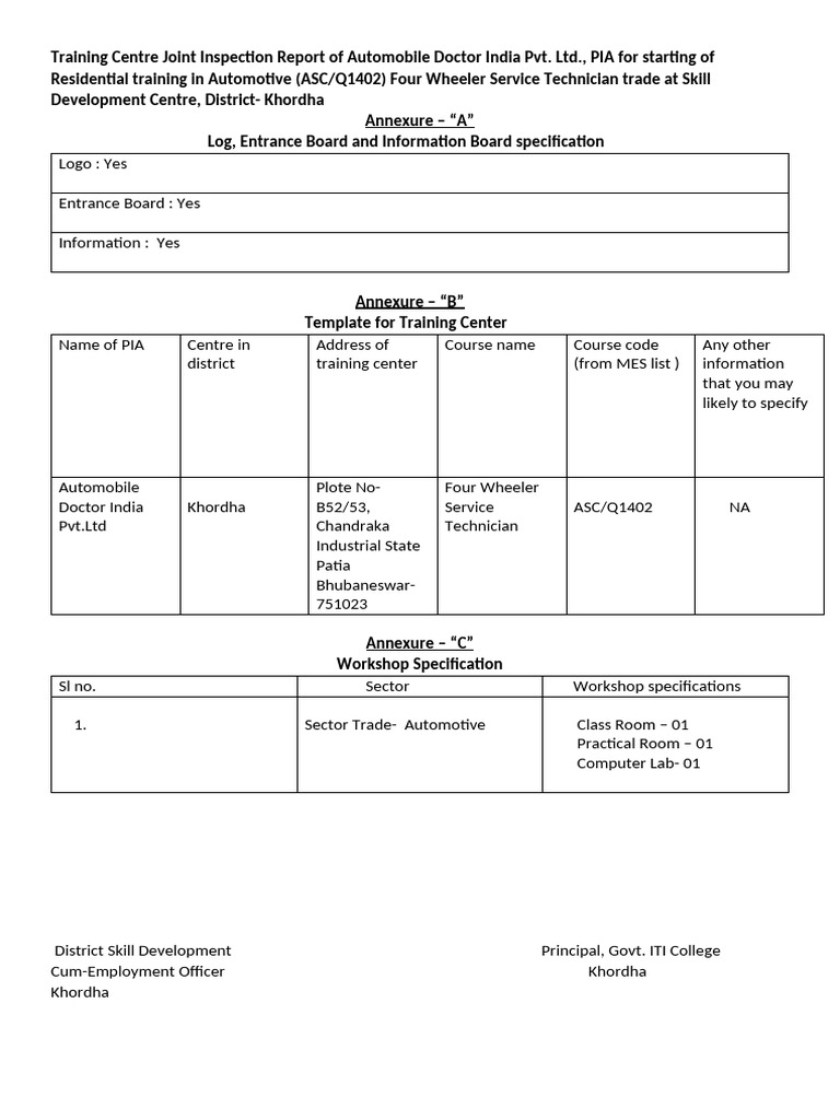 Training Centre Join Inspection Report of Automobile Doctor India PVT ...