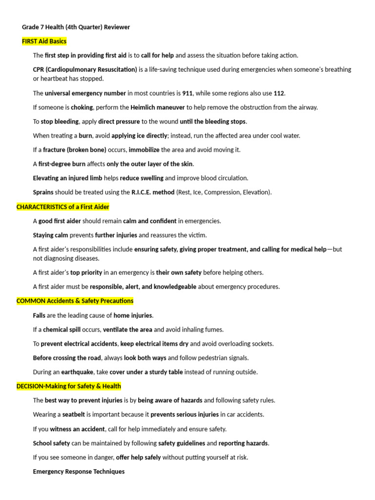 Grade 7 Reviewer Mapeh 1 | PDF | First Aid | Cardiopulmonary Resuscitation